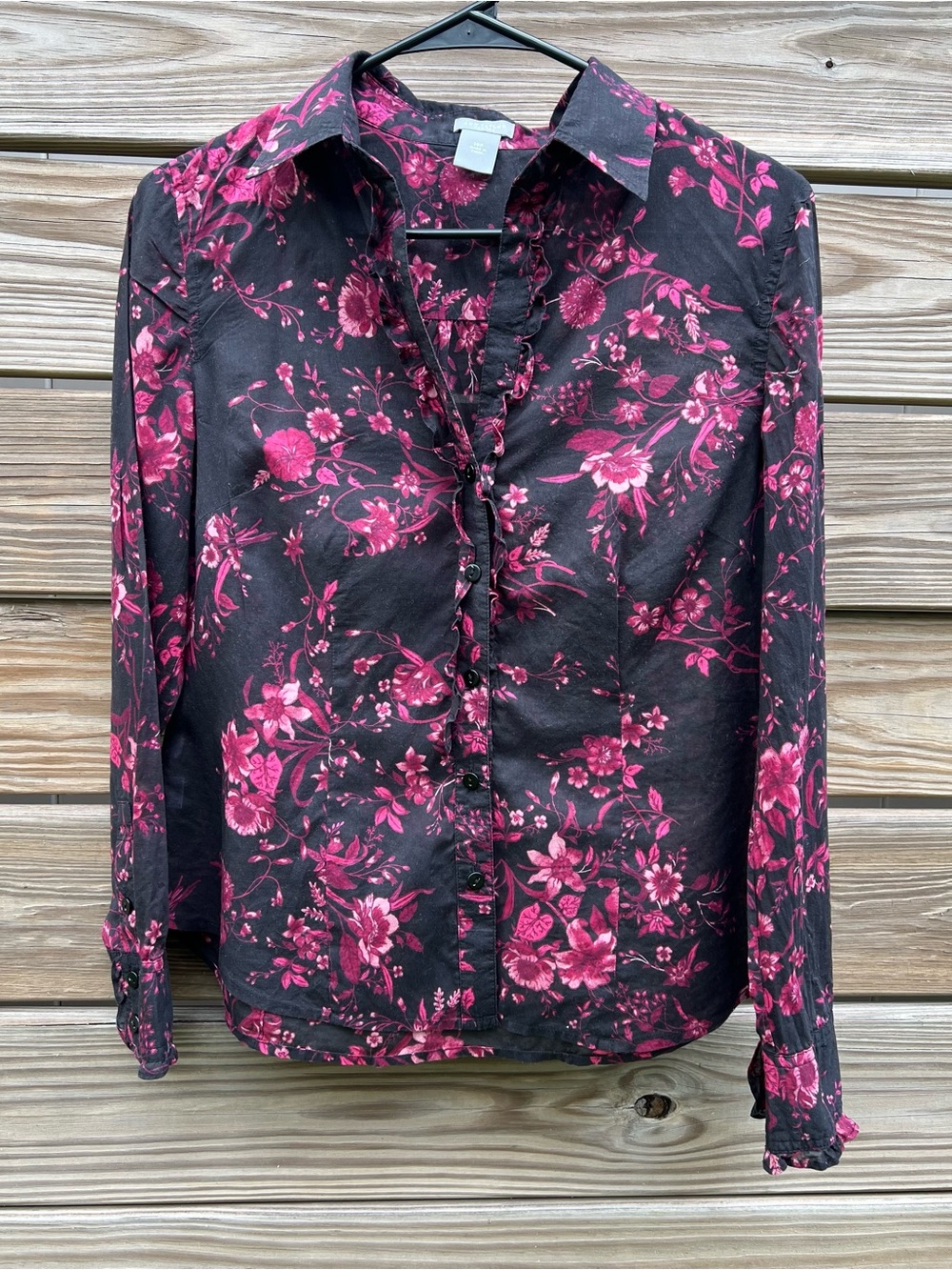 Ann Taylor Vintage Y2K Ruffle Front Button Down Blouse Women’s SZ 10P Black Pink